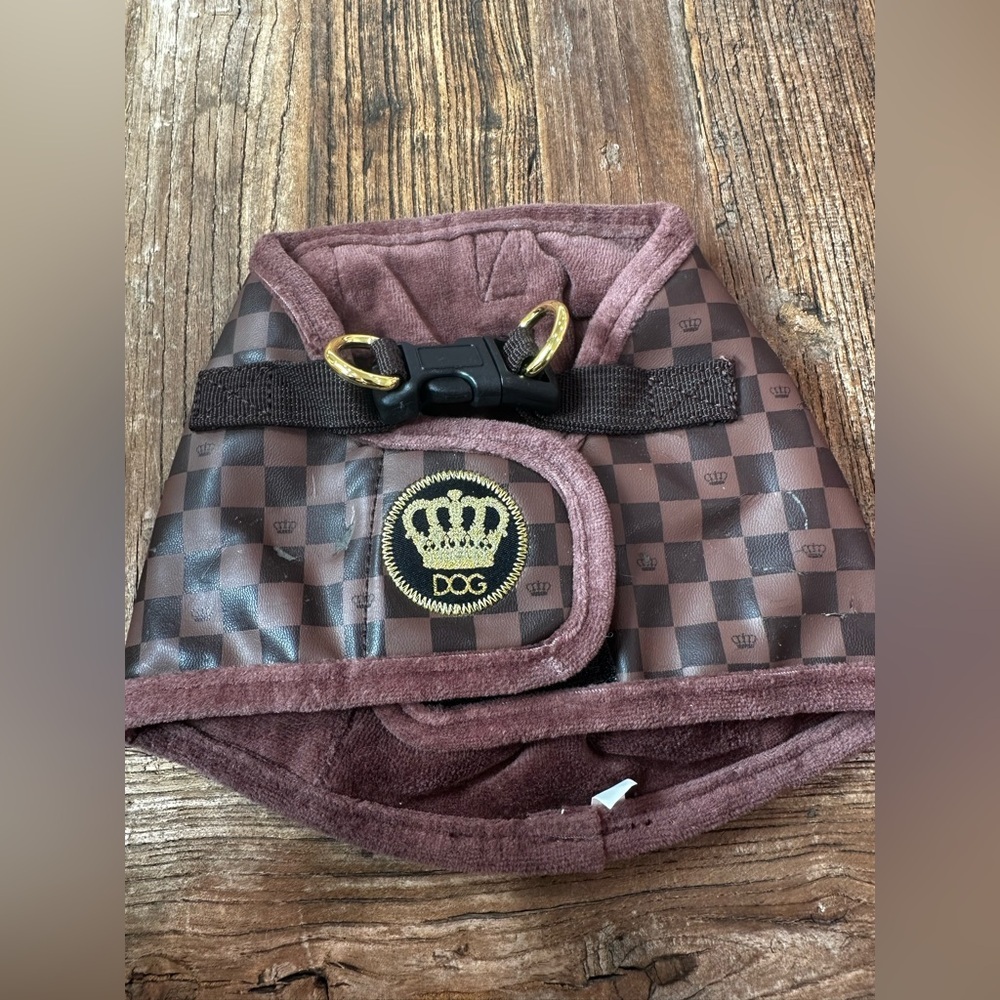 Brown Checkered Dog Harness with Crown Logo